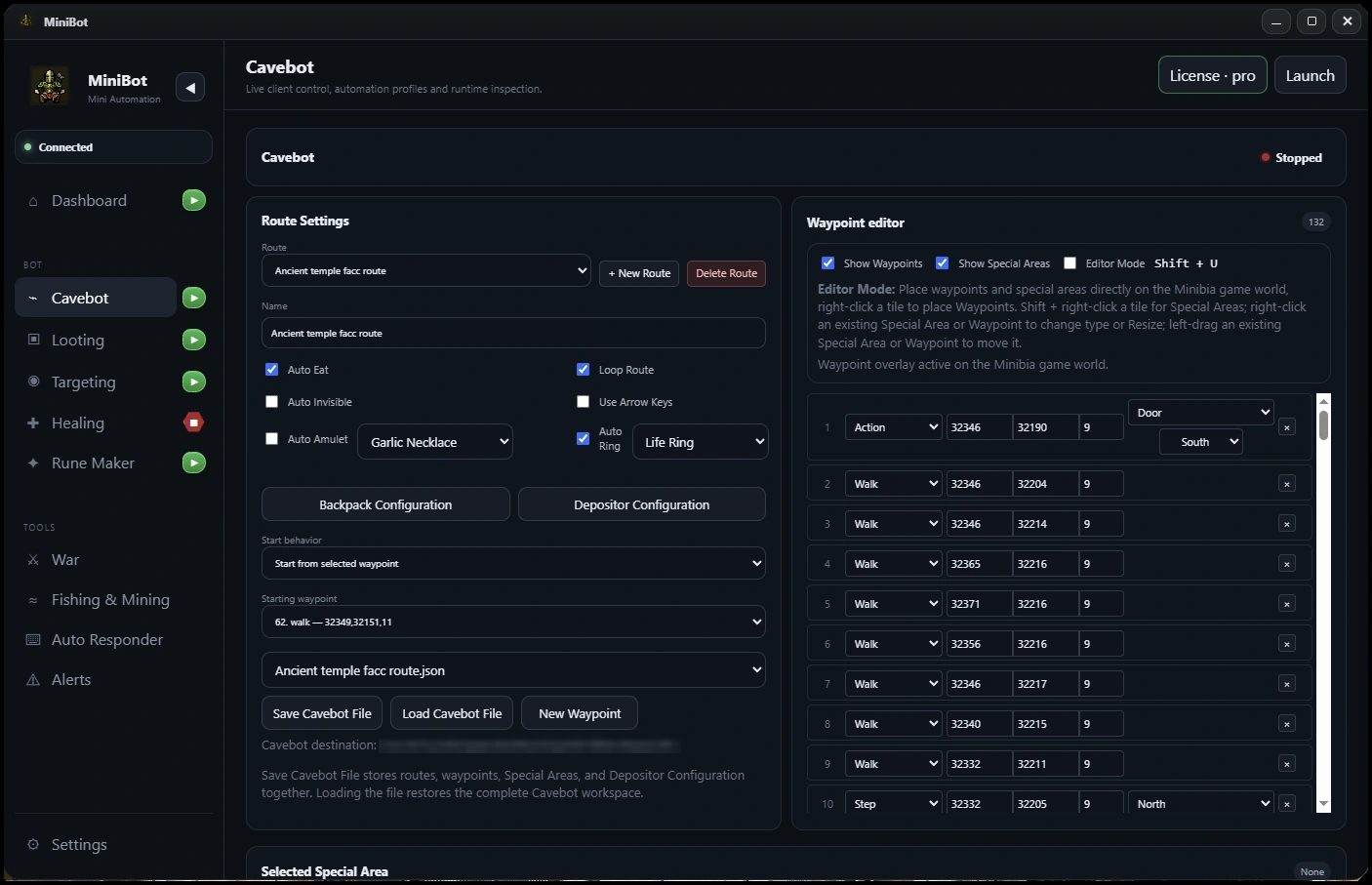 Fully AFK Cavebot screenshot from the MiniBot application