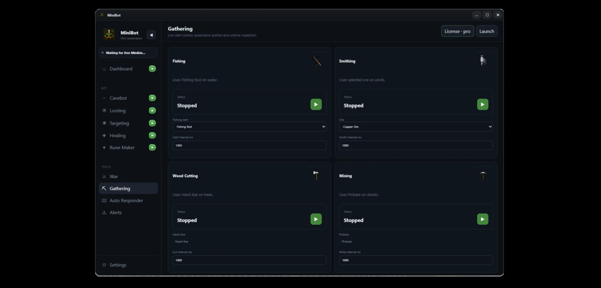 MiniBot Gathering interface showing fishing, smithing, wood cutting and mining configuration