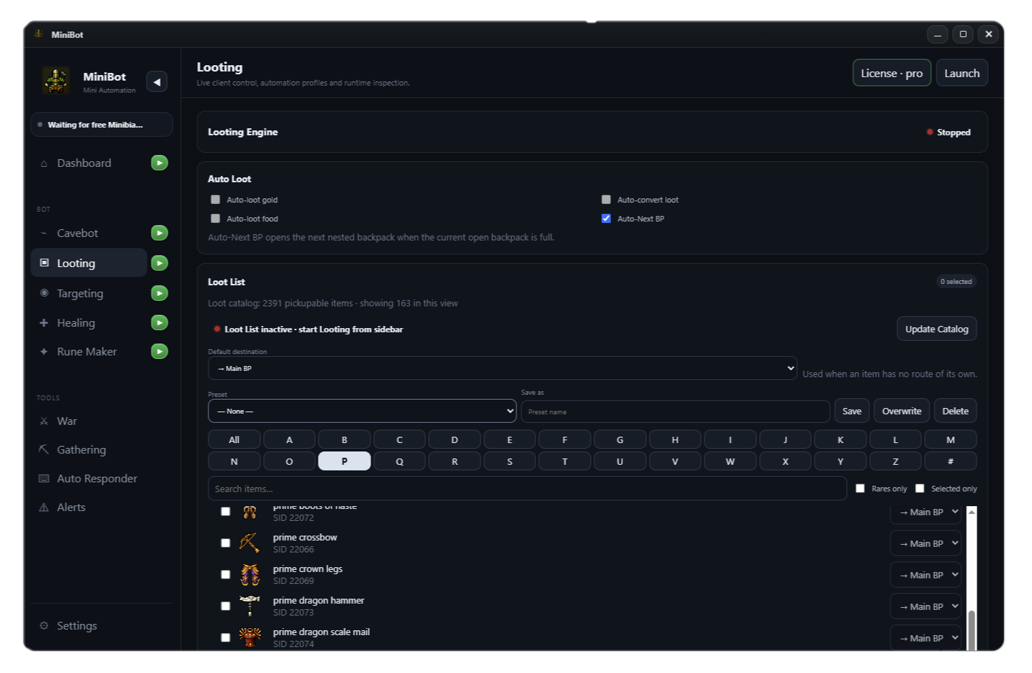 Complete Loot List screenshot from the MiniBot application