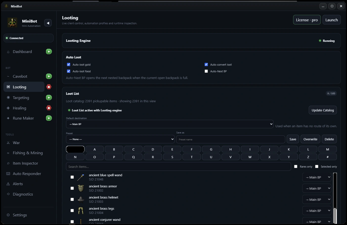 Complete Loot List screenshot from the MiniBot application