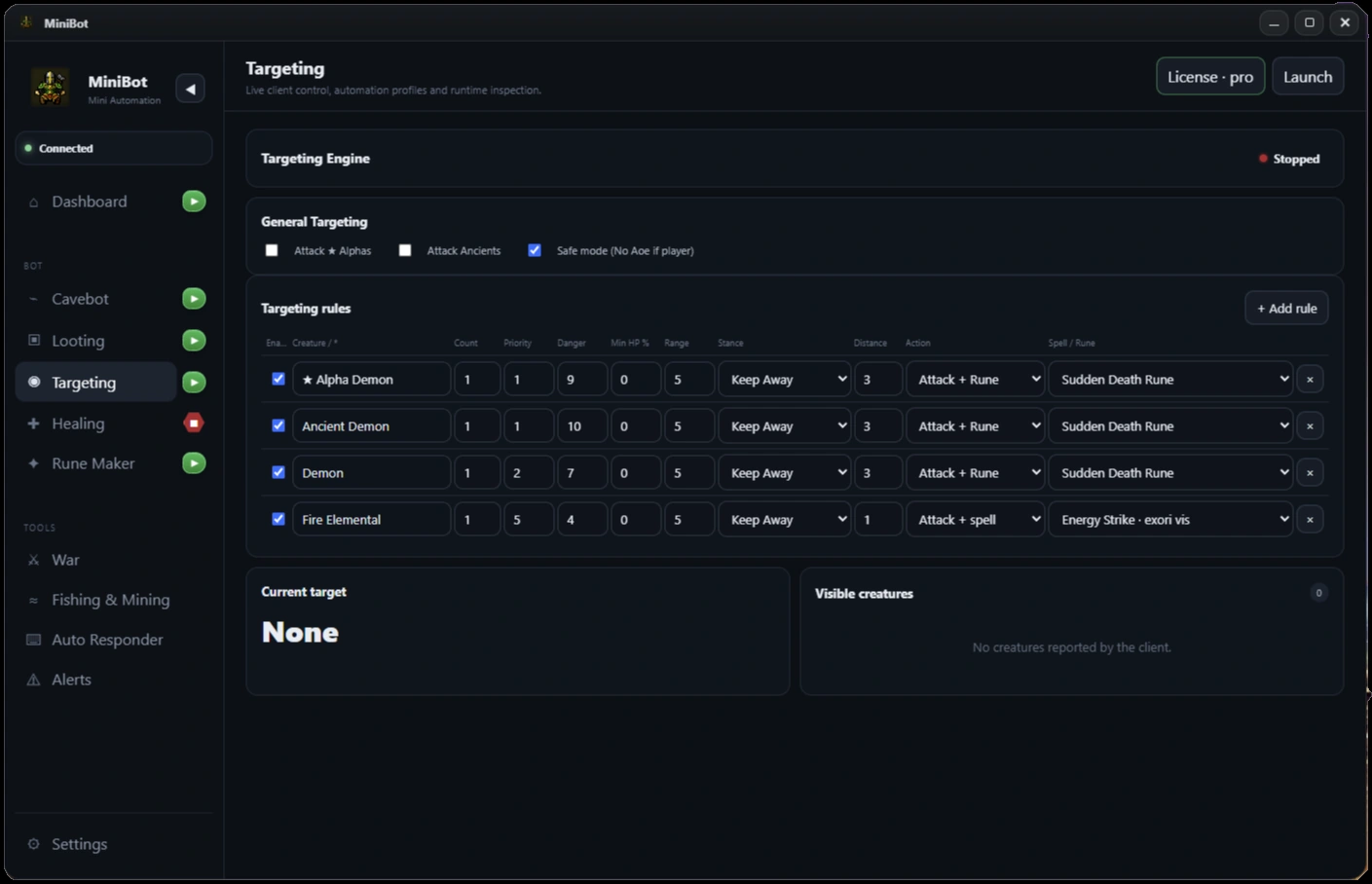 Smart Targeting screenshot from the MiniBot application