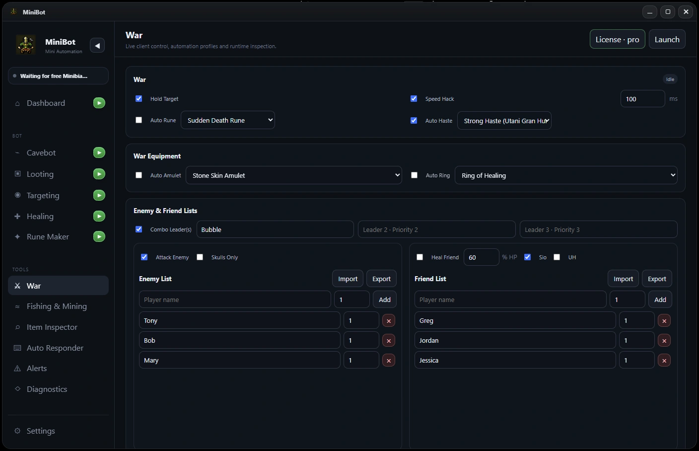 War Mode screenshot from the MiniBot application