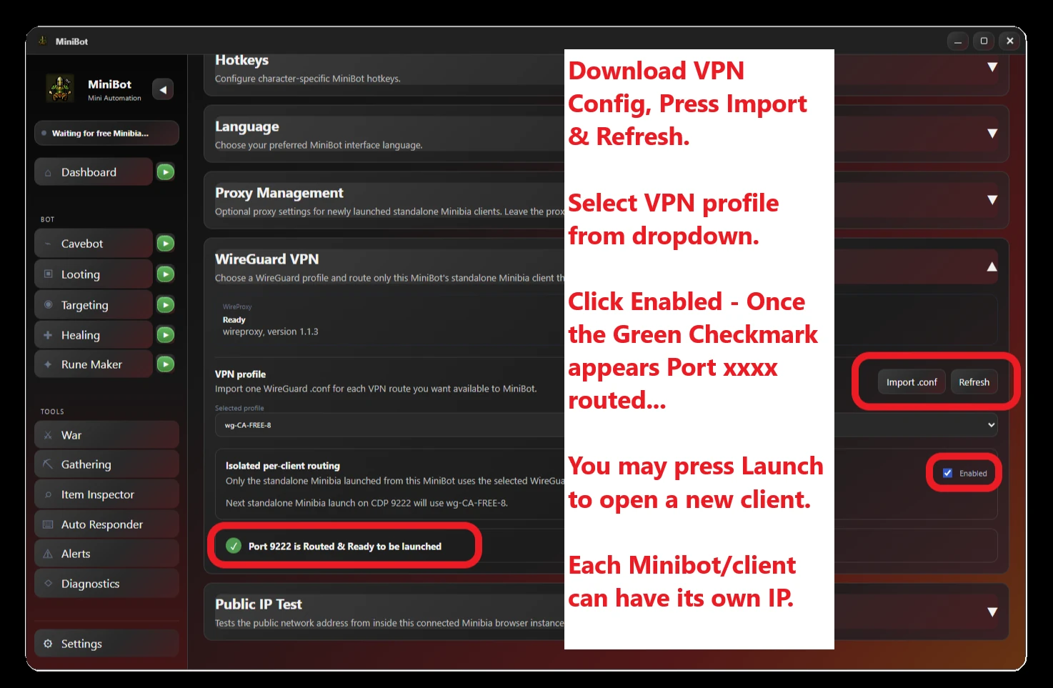 Zrzut ustawień WireGuard VPN w MiniBot: Import .conf, Refresh, profil, Enabled, gotowy port i Launch